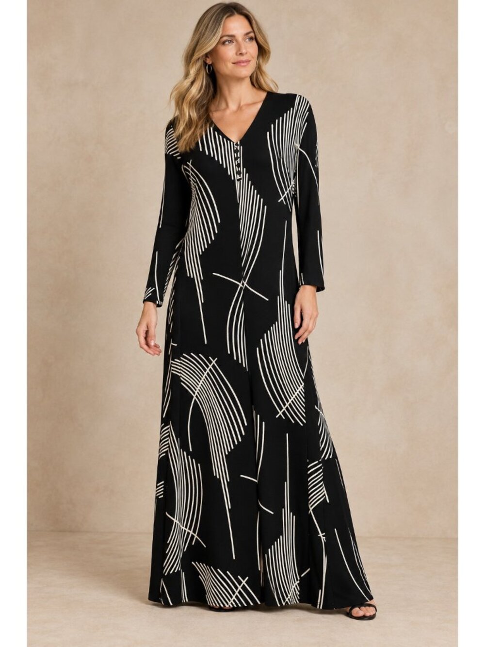 Vintage Geometric Print Black White Longe Sleeve Maxi Dress A line M